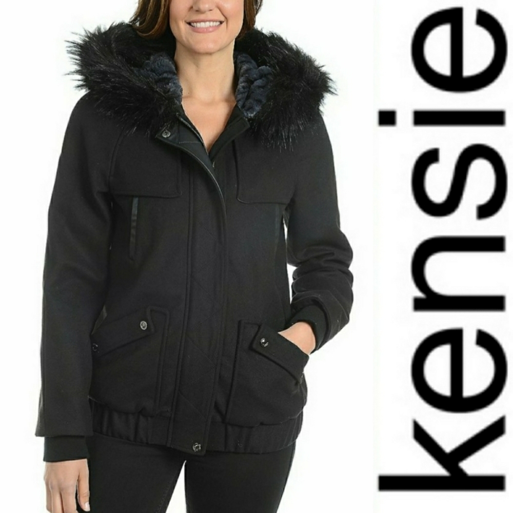 Kensie Wool Blend Bomber Jacket w/Fur Trimmed Hood (LIKE NEW!)